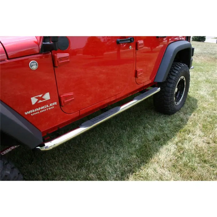 Red Jeep with Rugged Ridge 3-Inch Round Side Step Bars for Jeep Wrangler Unlimited JK