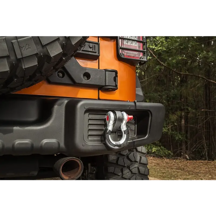 Close up of jeep with tow bar, featured in the Rugged Ridge D Ring Isolator Kit.
