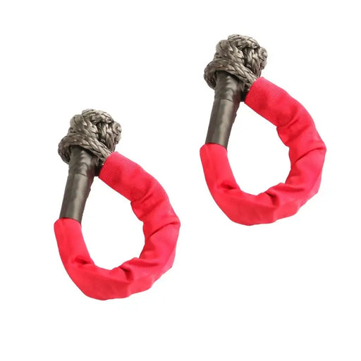 Rugged Ridge red and black metal hoop earrings displayed on soft rope shackle