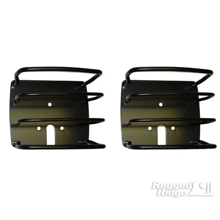 Black plastic door handle for the Jeep Wrangler displayed in Rugged Ridge Black Euro Tail Light Guards.