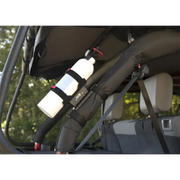 Rear seat of a car with a bottle, Jeep Wrangler fire extinguisher holder.