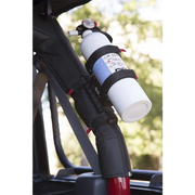 Rugged Ridge Jeep Wrangler Elite Fire Extinguisher Holder with bottle attached.