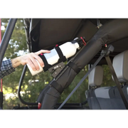 Rugged Ridge Jeep Wrangler fire extinguisher holder installed on a baby stroller.