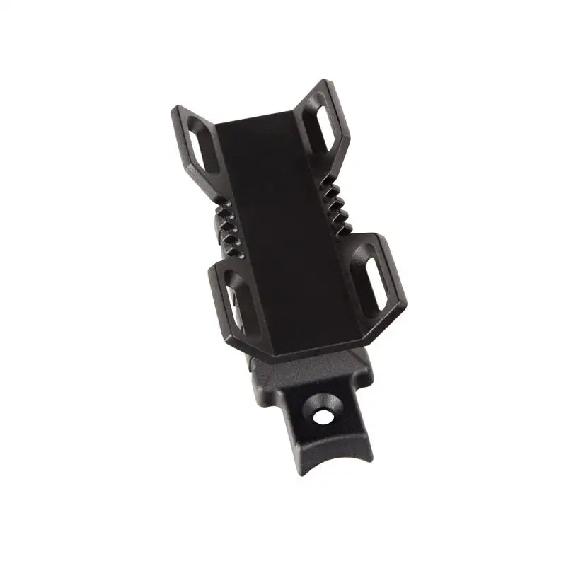 Black plastic clip holder for a camera in Rugged Ridge 76-20 Jeep Wrangler Elite Fire Extinguisher Holder.