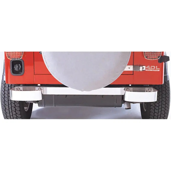 Red Jeep Wrangler with White Cover on Rugged Ridge Stainless Steel Rear Bumperettes
