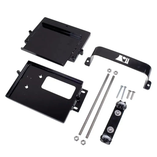 Black metal mounting kit for laptop with Rugged Ridge 97-06 Jeep Wrangler Dual Battery Tray.