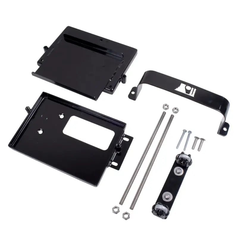 Black metal mounting kit for Apple Watch on Rugged Ridge 97-06 Jeep Wrangler dual battery tray.