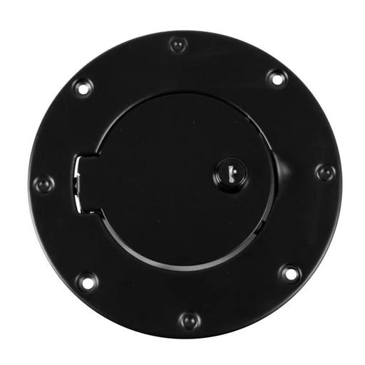 Black locking gas cap door for Rugged Ridge 97-06 Jeep Wrangler TJ with hole in the middle