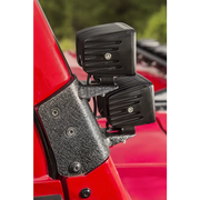 Rugged Ridge 97-06 Jeep Wrangler TJ Textured Black Dual A-Pillar Light Mount with black plastic door latches on red car