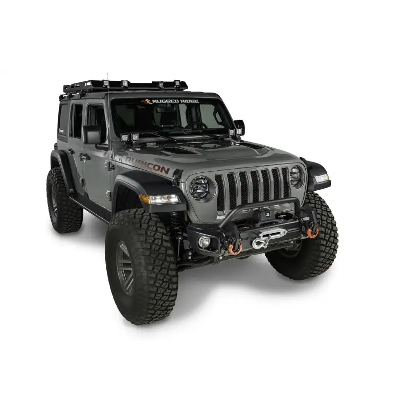 Rugged Ridge Arcus Front Bumper Tube Overrider Black 18-20 Jeep Wrangler JL - the jeep is shown in this image
