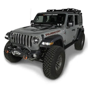 Gray Jeep with Rugged Ridge Arcus Front Bumper Tube Overrider Black logo.