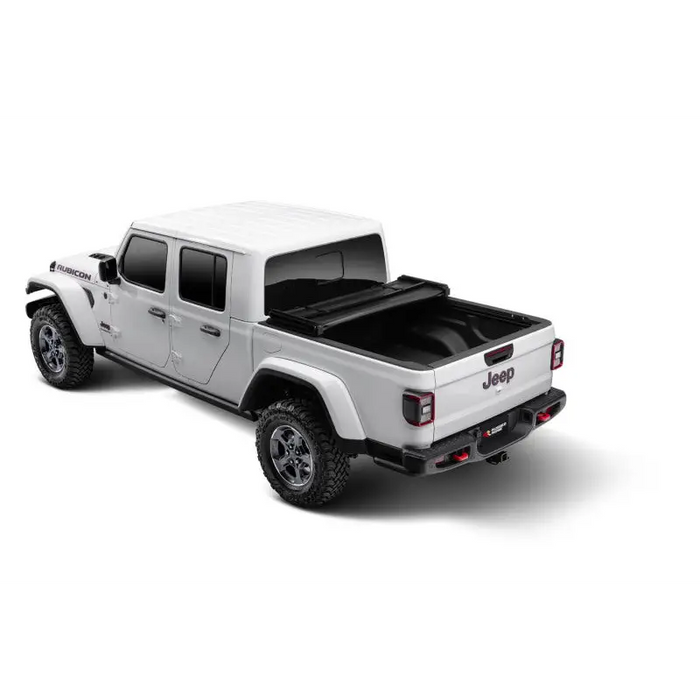 White Jeep with black top and wheels, Rugged Ridge Armis Soft Folding Bed Cover 2020 Gladiator JT.
