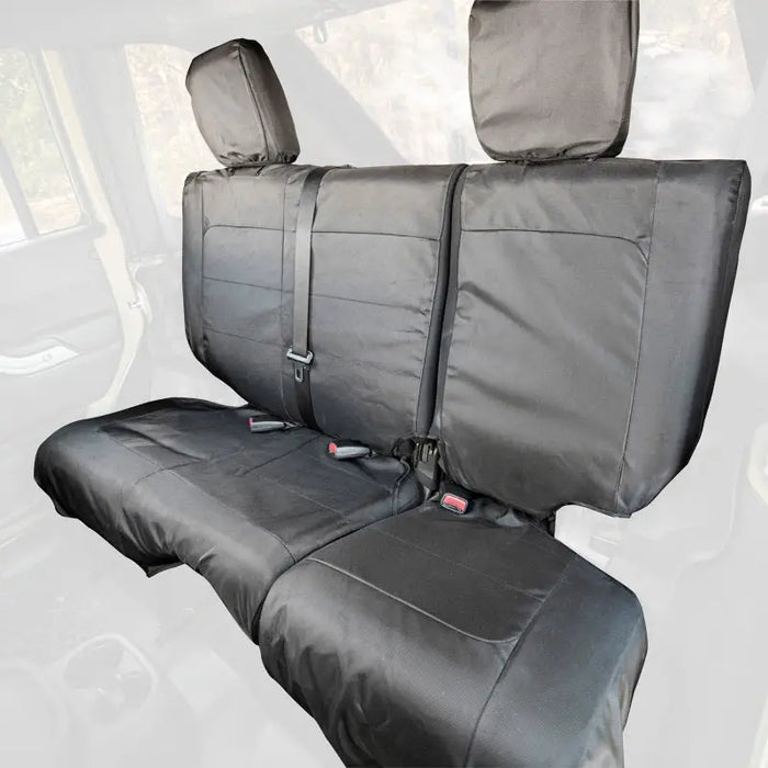 Rugged Ridge Ballistic Rear Seat Cover made of black polyester cloth.