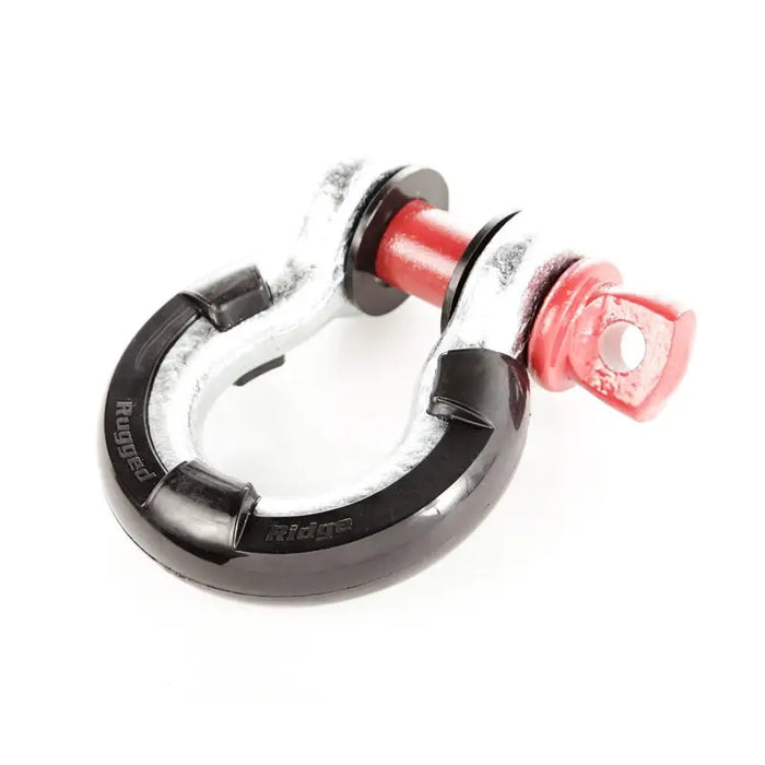 Rugged Ridge black D-ring isolators displayed on horseshoe with red handle.