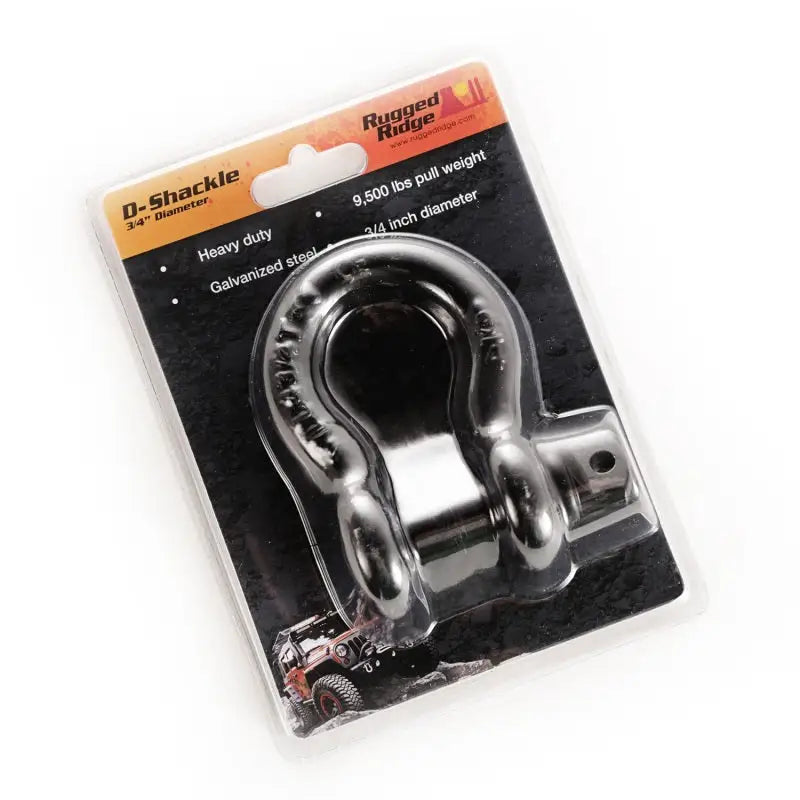 Close up of a metal shack with hook on Rugged Ridge Black 9500lb D-Ring.