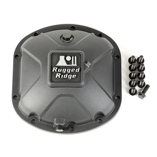 Rugged Ridge Boulder Aluminum Differential Cover Dana 30 Black with Rugged Ridge logo displayed