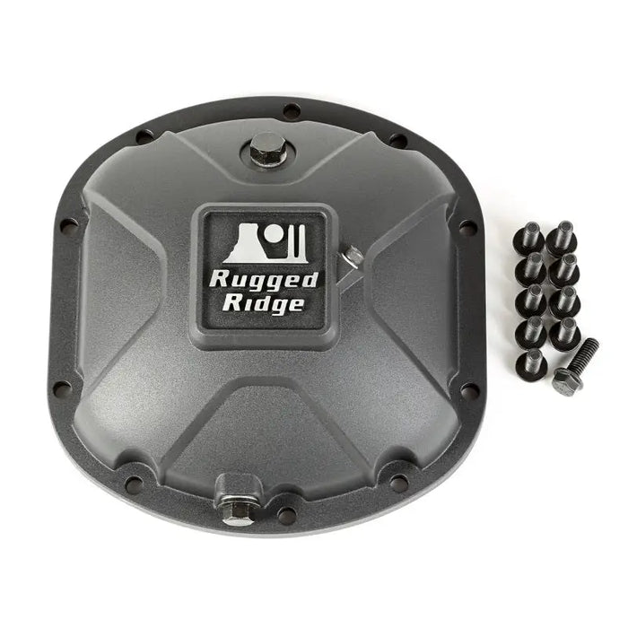 Close up of Rugged Ridge Boulder Aluminum Differential Cover Dana 30 Blacknuts and bolts