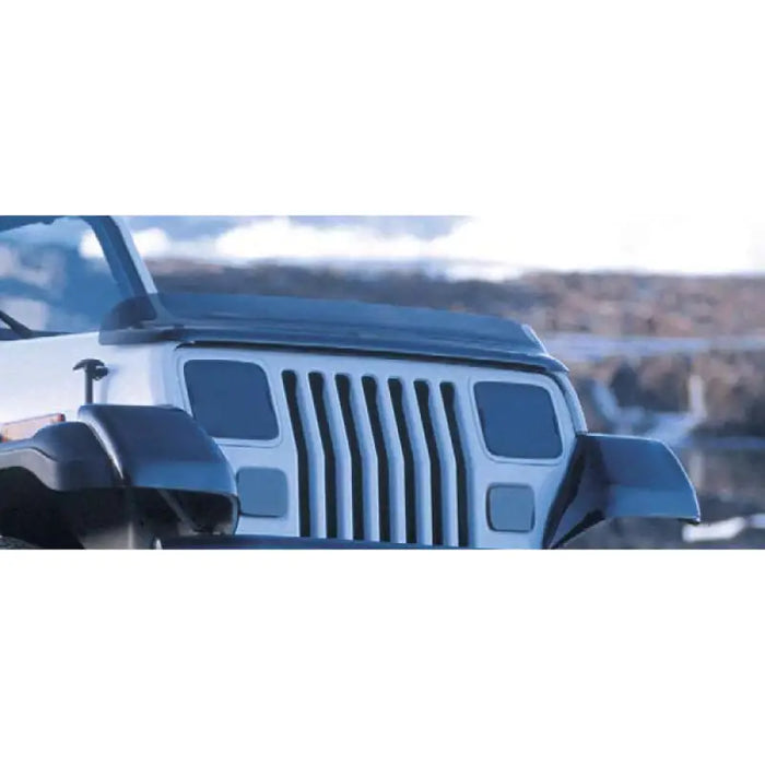 Rugged Ridge Bug Deflector Smoke for Jeep Wrangler With Mountain Background