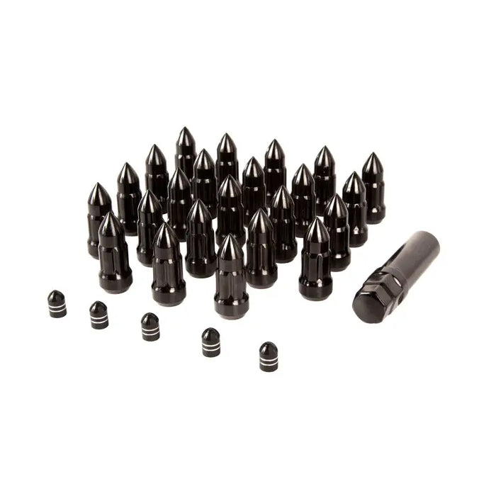 Rugged Ridge Bullet Lug Nut and Valve Stem Cap Kit Black 1/2-20 - Close up of black bullet shells and bullet.