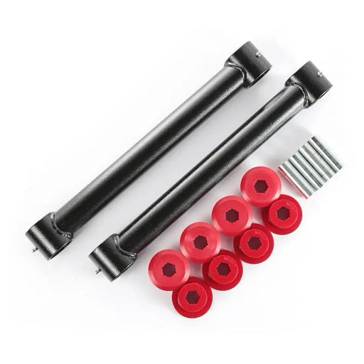 Red rubber rollers and roller pin shown in Rugged Ridge Control Arm Kit for 84-01 XJ