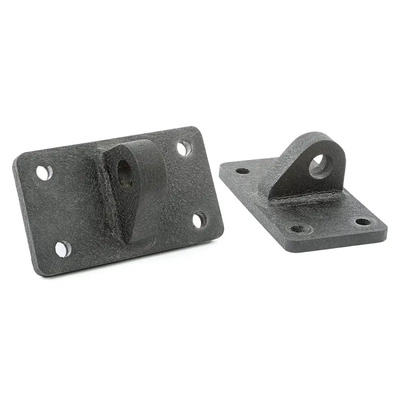 Black metal shackle brackets for Jeep Wrangler bumper.