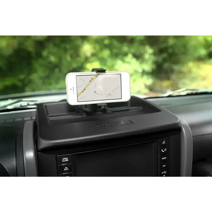 Rugged Ridge Dash Multi-Mount Phone Kit mounted on Jeep Wrangler dashboard