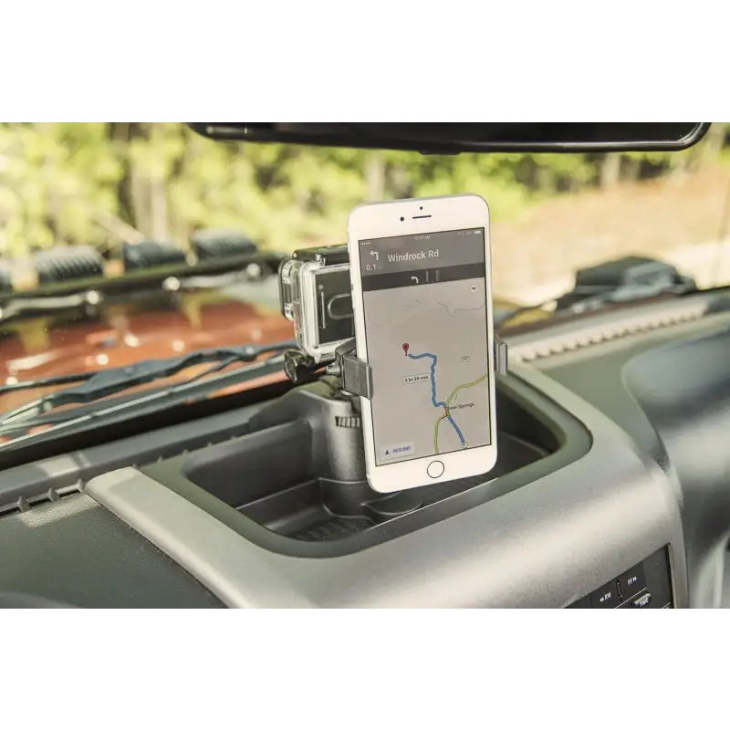 Rugged Ridge Dash Multi-Mount Phone Kit attached to dashboard in Jeep Wrangler