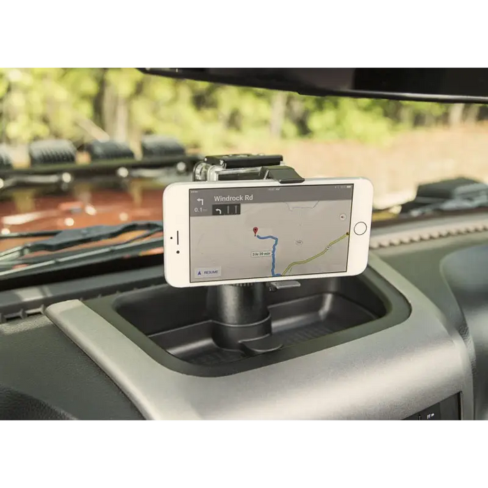 Rugged Ridge Dash Multi-Mount Phone Kit mounted on Jeep Wrangler dashboard