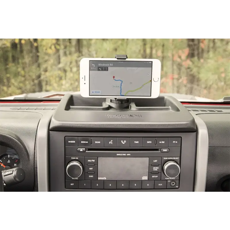 Rugged Ridge Dash Multi-Mount System for 07-10 Jeep Wrangler with phone holder attached