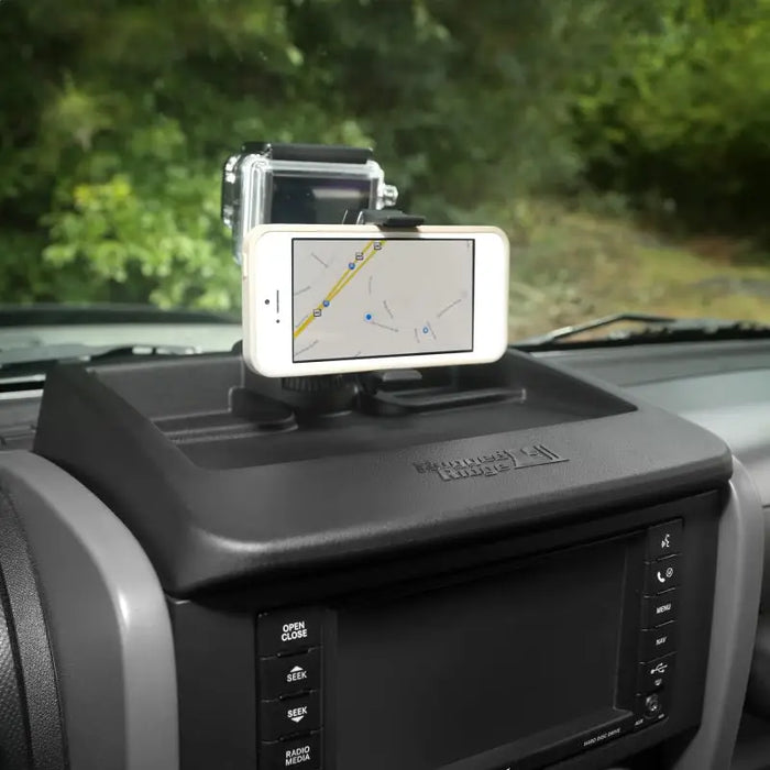 Rugged Ridge Dash Multi-Mount System in 07-10 Jeep Wrangler with cell phone on dashboard