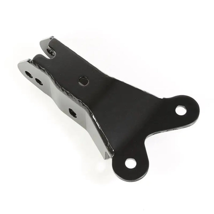 Black metal dropdown bracket with two holes for a track bar on a Jeep Wrangler