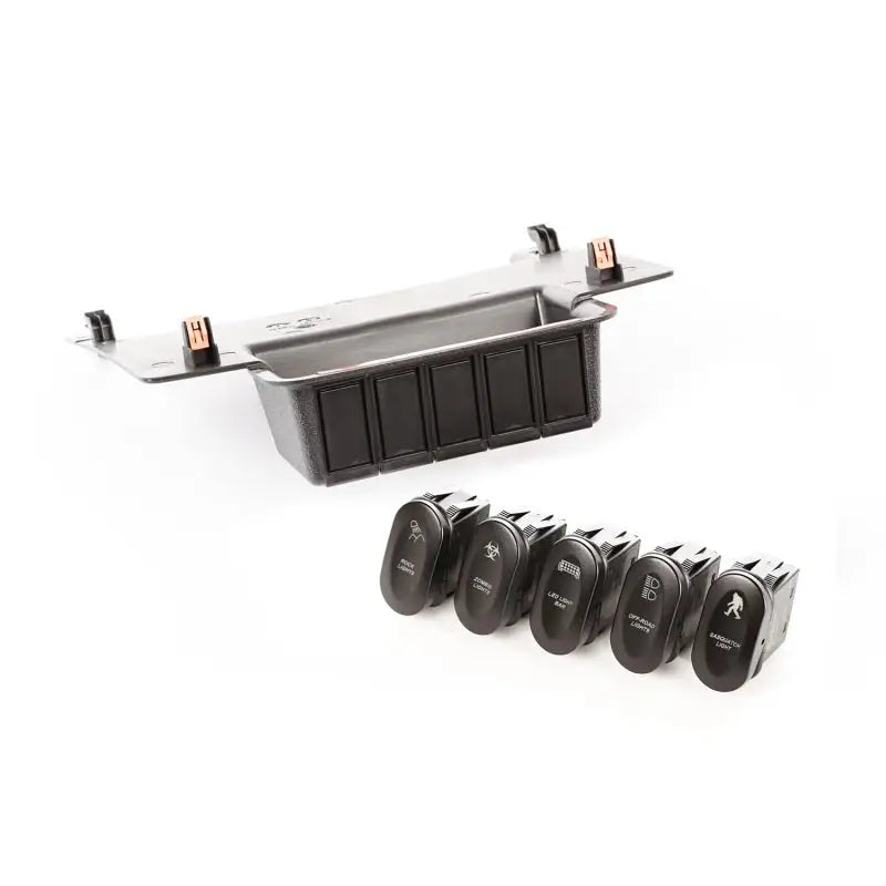 Rugged Ridge Etched Lower 5 Switch Panel Kit 11-18 JK with black plastic wheel.