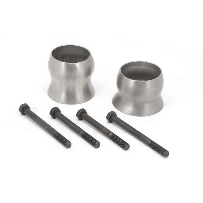 Stainless steel pipe fittings for Rugged Ridge Exhaust Spacer Kit seen on a 12-18 Jeep Wrangler JK