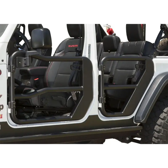 Rugged Ridge Fortis Front Tube Doors on White Jeep with Black Leather Seats
