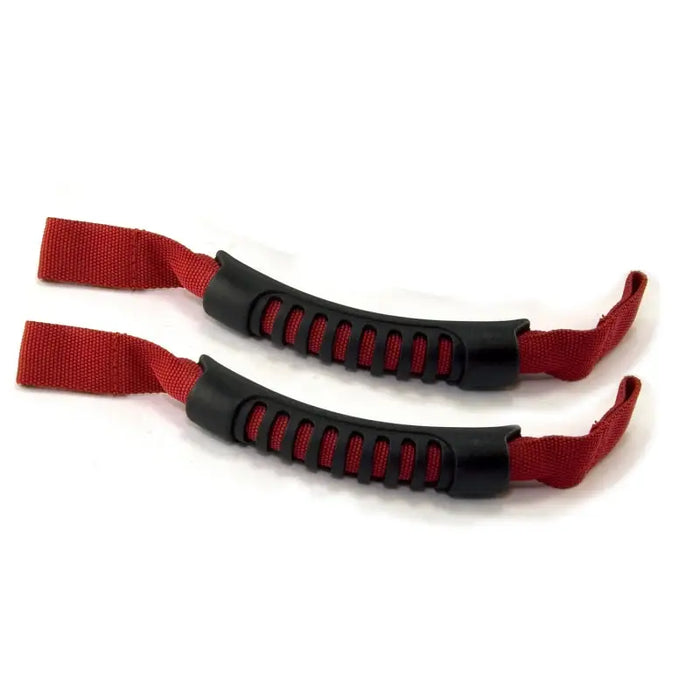 Red and black seat grab handles on white background