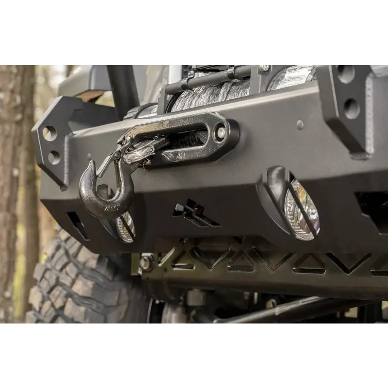 Rugged Ridge HD Bumper mounted on black Jeep Wrangler