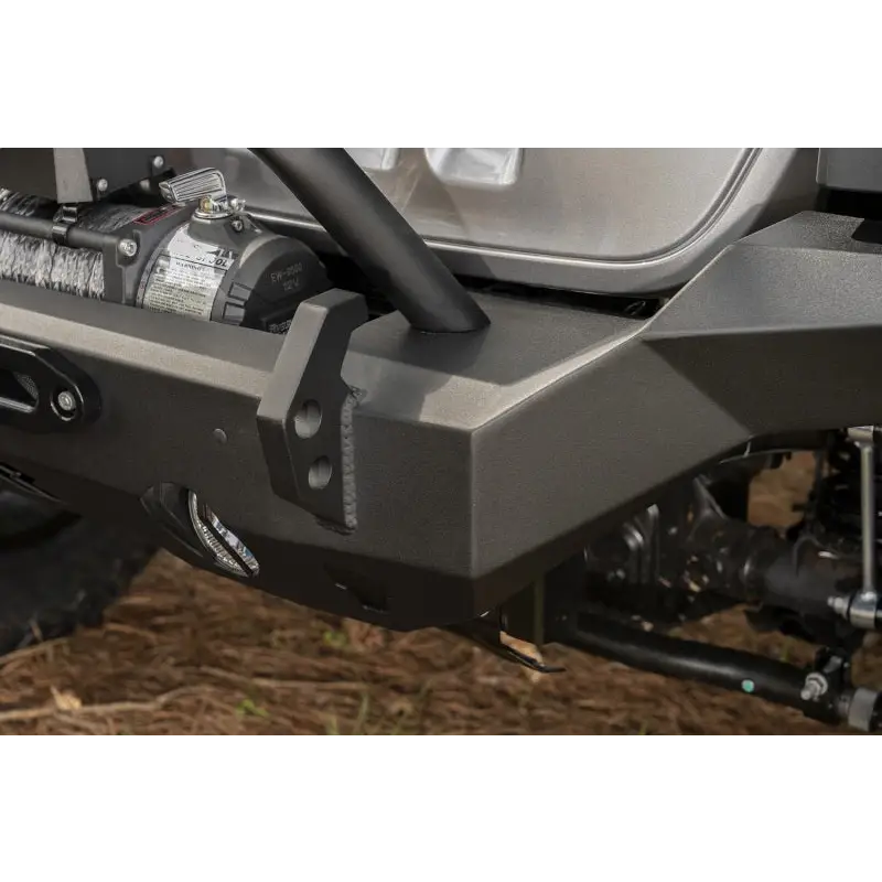 Close up of vehicle with winch on Rugged Ridge HD Bumper for 07-18 Jeep Wrangler JK, 18-20 Jeep Wrangler JL,