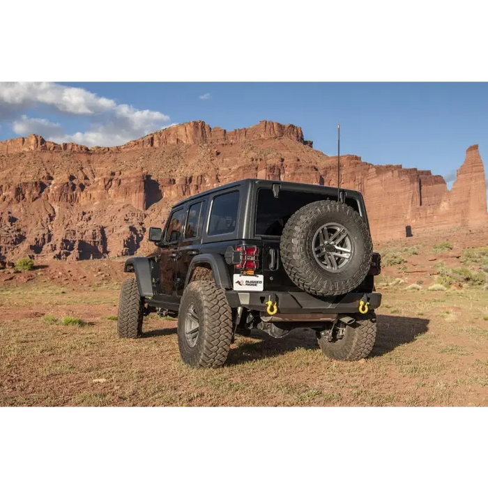 Rugged Ridge HD Bumper Rear on Jeep Wrangler JL parked in front of mountain