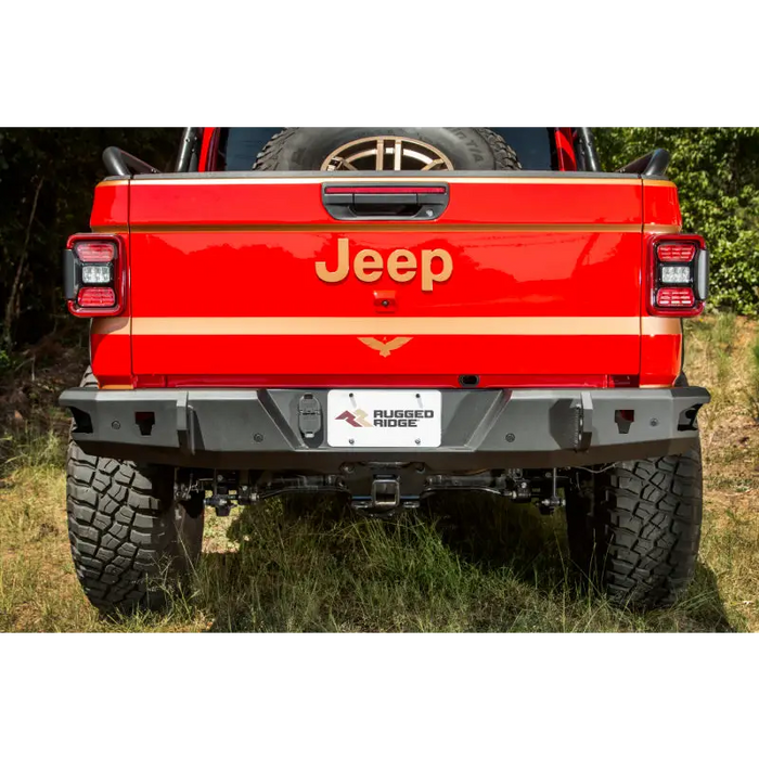 Rugged Ridge rear bumper for Jeep Wrangler JT with Jeep logo.