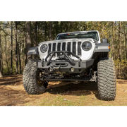 Closeup of Rugged Ridge HD Bumper on Jeep Wrangler with big tire on dirt road