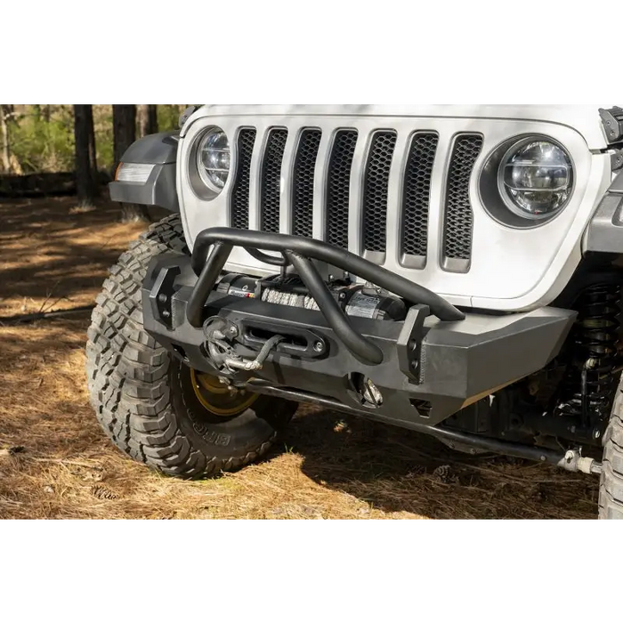 Front bumper mounted on the Jeep Wrangler by Rugged Ridge