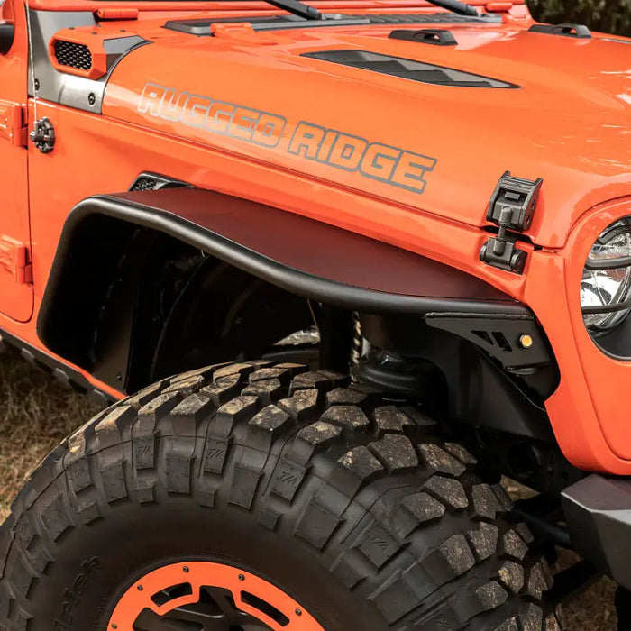 Rugged Ridge HD Steel Tube Fenders Full Set Black 18-19 JL, orange and black Jeep with orange wheels