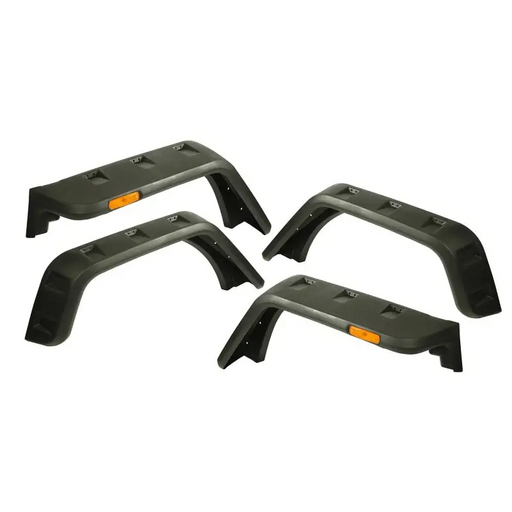 Pair of black front bumpers for the BMW E - type uniquely displayed in Rugged Ridge Hurricane Flat Fender Flare Kit EU Textured 07-18 Jeep