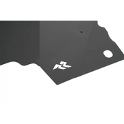Close-up of black metal plate with white arrow on Rugged Ridge aluminum fender liners for Jeep Wrangler JL.