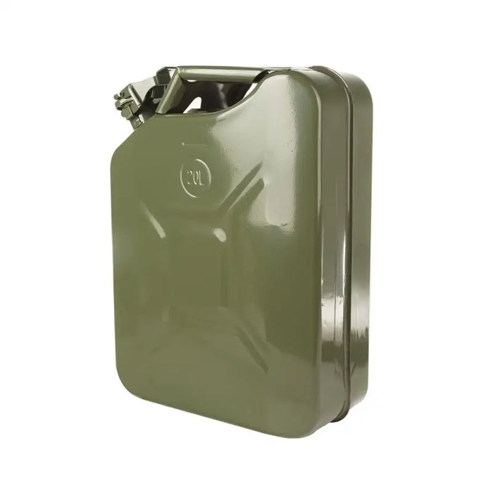 Close up of Rugged Ridge Jerry Can Green 20L Metal gas canister