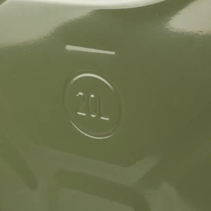 Rugged Ridge Jerry Can Green 20L Metal showcasing a close-up of a green car with logo.
