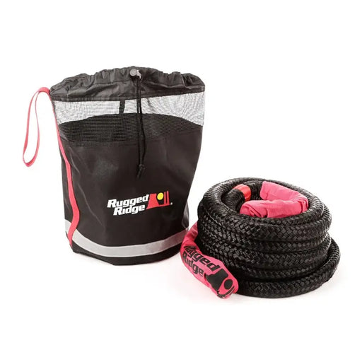 Rugged Ridge Kinetic Recovery Rope with Cinch Storage Bag in pink handles