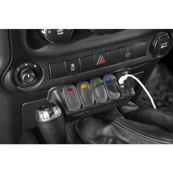 Rugged Ridge Lower Switch Panel Kit controls integrated with steering in Jeep Wrangler JK/JKU