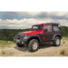 Red Jeep parked on dirt road with Rugged Ridge Magnetic Protection Panel kit for Jeep Wrangler