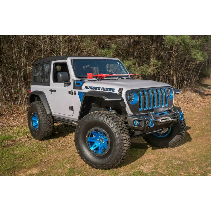 Rugged Ridge Max Terrain Fender Flare Set with Gray Jeep and Blue Wheels